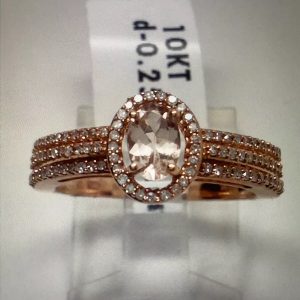 10k Rose Gold Oval Shape Morganite And 0.25ct Twt Diamond Halo Ring Gemstone New